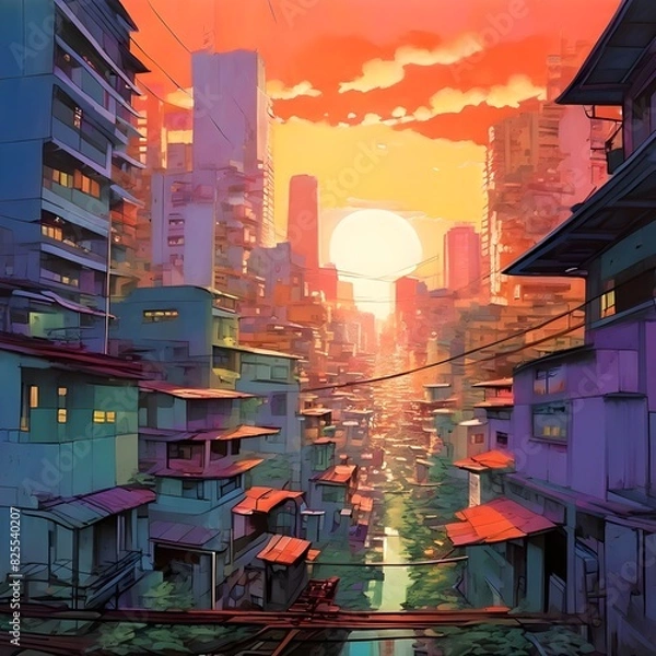 Obraz Cityscape encircled by slums acrylic painting, generative AI