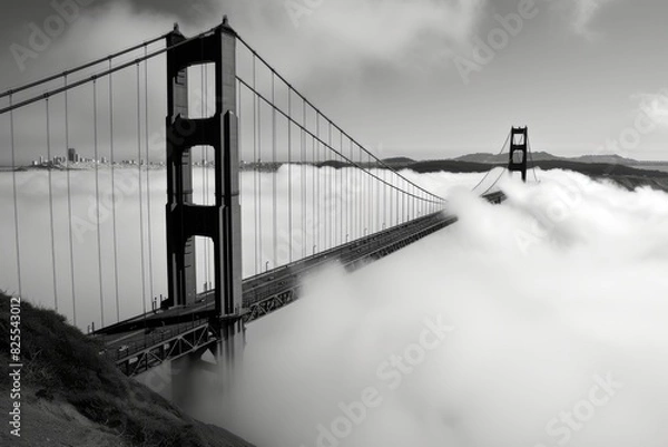 Fototapeta The Golden Gate Bridge shrouded in fog, Beautiful image of a bridge on cloudy weather