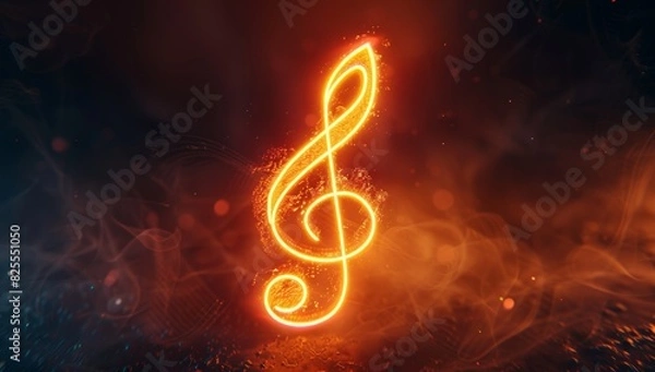 Fototapeta A glowing neon music note on dark background, black and orange color scheme Generative AI