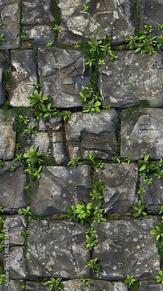 Obraz Old medieval stone wall. Photo closeup of aged building made of grey stone masonry outside on cityscape background. Horizontal seamless pattern. Stone fence texture for the background. 