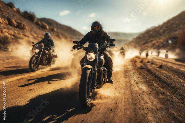 Obraz Bikers riding on a dirt road, kicking up dust under a sunlit sky