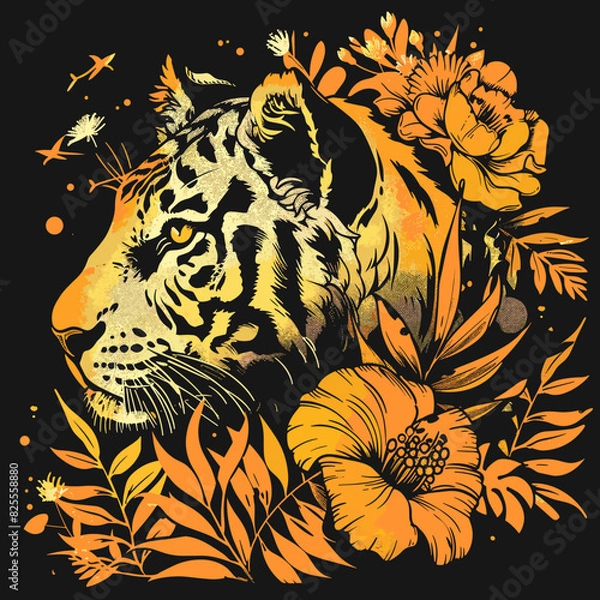 Fototapeta Tiger with flowers and leaves. Hand drawn vector illustration. T-shirt print design