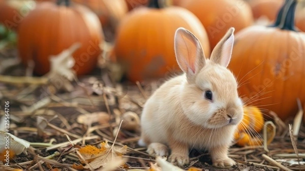 Fototapeta A fluffy bunny exploring a pumpkin patch during autumn