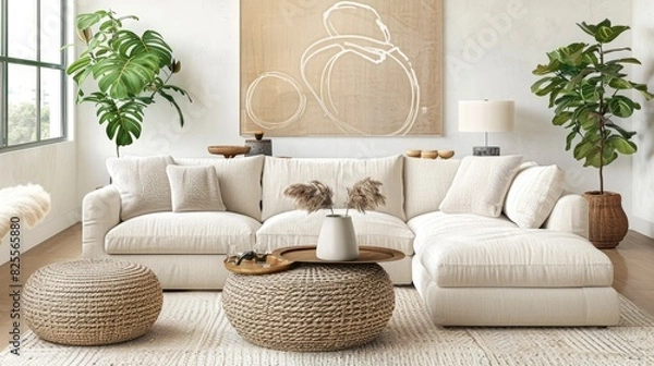 Obraz Scandinavian Design Living Room With Neutral Colors, Clean Lines, And Cozy Textiles, Room Background Photos