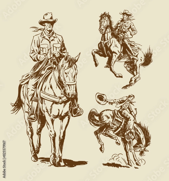 Obraz Set of hand drawn vintage cowboys on horses vector illustrations