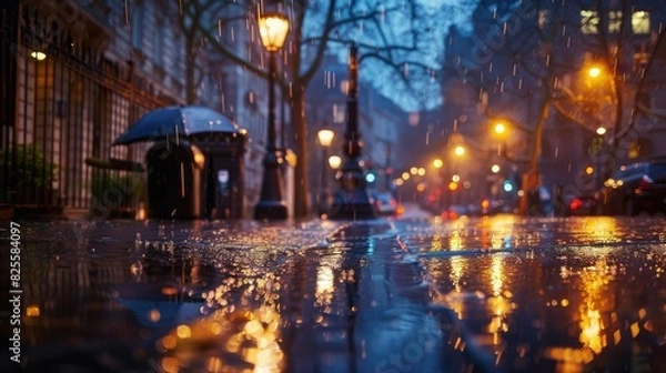Fototapeta Wet pavement gleaming under street lamps, as rain falls gently, transforming the cityscape
