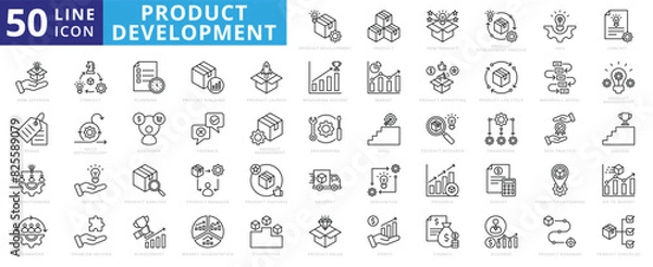 Fototapeta Product development icon set with planning, process, idea, concept, offering, brand, brainstorming, strategy and teamwork.