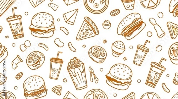 Obraz Fast food seamless pattern with vector line icons