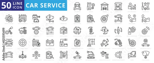 Fototapeta Car service icon set with garage, workshop, auto mechanic, technician, station, lubrication, maintenance and automotive.
