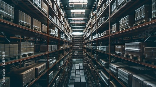 Fototapeta A large empty warehouse with rows of collumn.