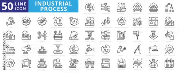 Fototapeta Industrial process icon set with procedures, chemical, mechanical, manufacturing, physical, item, electrical and large scale.