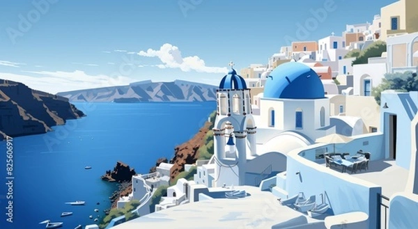 Fototapeta an ariel view of santorini as boats sail above a coastline, hot sunny weather.