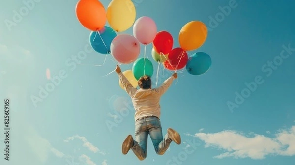 Fototapeta A person holding a bouquet of colorful balloons, jumping with glee, surrounded by a backdrop of blue sky.