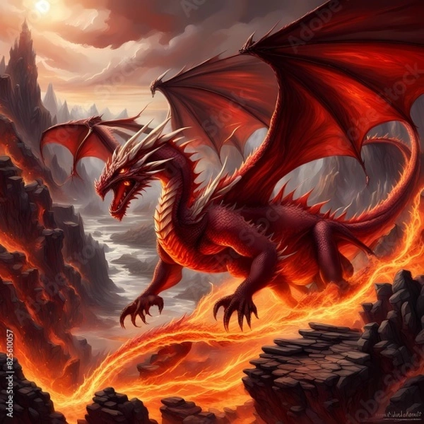 Obraz Red dragon on lava- Ai Generated 