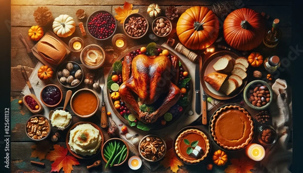 Fototapeta Thanksgiving Feast Flat Lay on Rustic Table