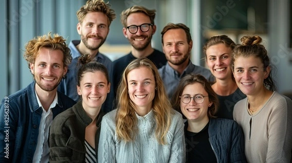 Fototapeta Lifestyle portrait of diverse young people smiling warmly in a cozy conference room, showcasing various cultures. Natural and positive private meeting with a close, intimate composition