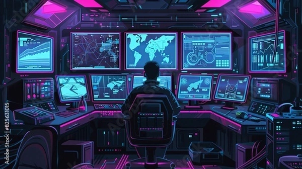Fototapeta A cyberpunk man sitting at the control panel of an advanced battleship, surrounded by multiple monitors displaying futuristic maps and data screens. The dark room is filled with high-tech equipment.