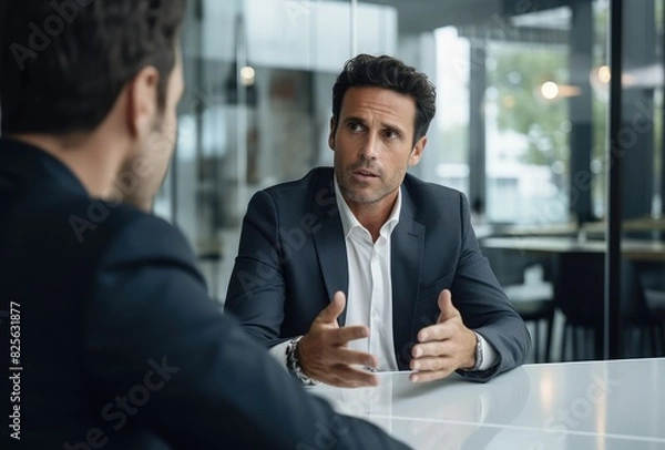 Fototapeta a man in a suit is sitting at a table with another man in a suit.