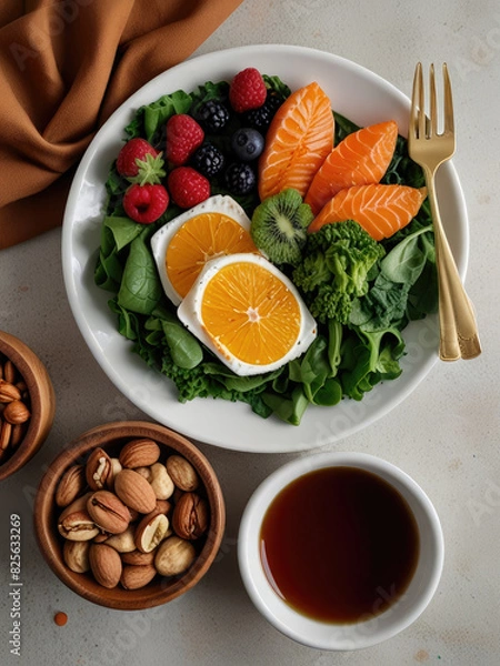 Fototapeta A plate filled with kidney-friendly foods, such as leafy greens, berries, fish, and nuts, highlighting the role of nutrition in maintaining kidney health. with Generative AI Technology