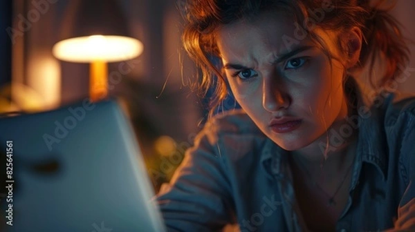 Fototapeta A Concerned Female Worker Looks At A Laptop Screen Suspiciously, Highlighting Problem-Solving Skills And Attention To Detail, High Quality