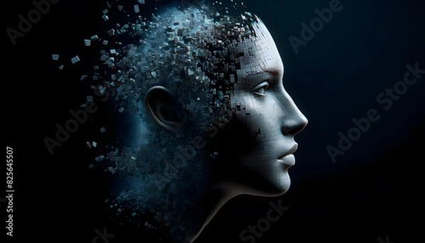 Fototapeta human face disintegrating into digital blocks. The face is shown in profile with intricate and lifelike features.