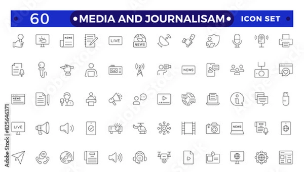 Fototapeta Journalism and mass media outline icon set. Vector illustration. Containing  microphone, journalist, press conference, newspaper social networks, public communication, and networking.