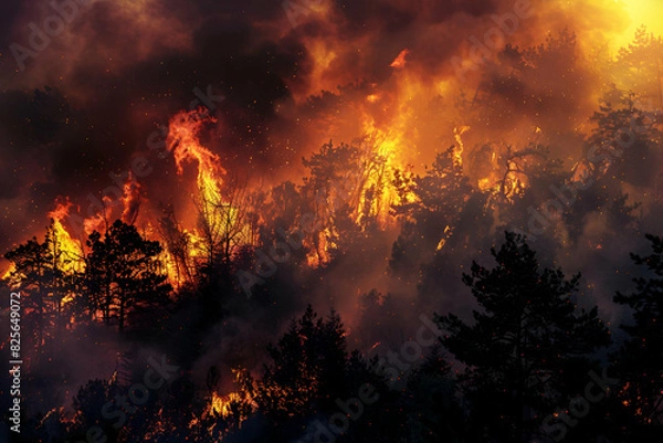 Fototapeta Wildfire consuming a dense forest, demonstrating the aftermath of natural disasters.For educational, environmental awareness, and emergency response training materials
