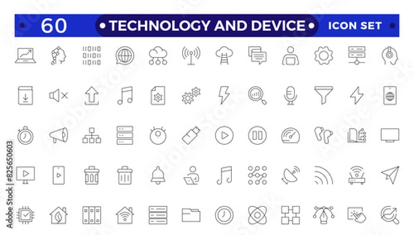 Obraz Technology and Device web icons in outline style. Computer monitor, smartphone, tablet, laptop, Mail, Search, Cloud, Media icon.Big UI icon set in a flat design.