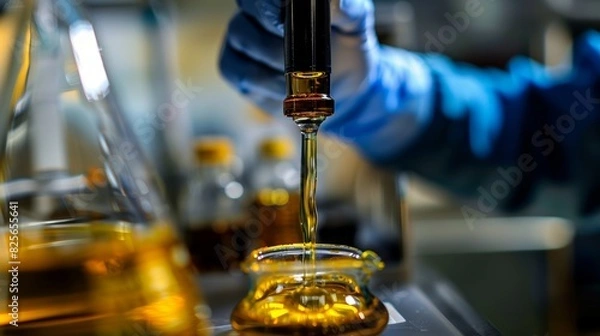 Fototapeta A lab technician pours a sample of crude oil onto a piece of filter paper using gravity to separate different layers for testing.