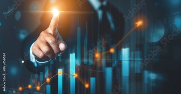Obraz The merchant uses his finger to touch the growth graph on the virtual screen, and the arrow points upward to the business growth, the business success idea