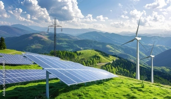 Fototapeta Solar panels and wind turbines in the green fields and mountains, energy distribution, electricity