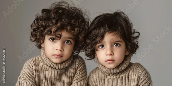Fototapeta portrait of two children, boy and girl with dark brown hair wearing beige sweaters on light grey background, generative AI