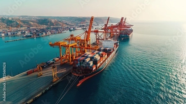 Fototapeta Cargo Ship Docked at Port with Cranes Loading Containers Concept Global Logistics and Business Operations Comprehensive Banner.