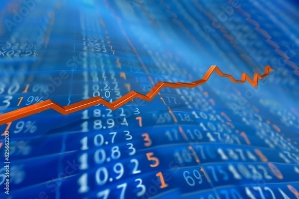 Obraz Stock market chart, numbers and orange upward line, blue background