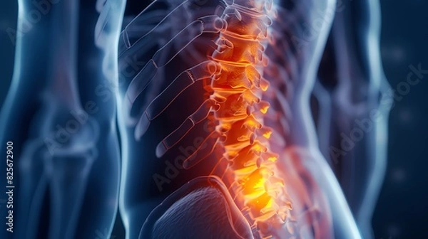 Obraz human back pain, with a red glowing area of the spine on a blue background with an X-ray effect, closeup medical concept showing anatomy in a panoramic style. Ultra detailed