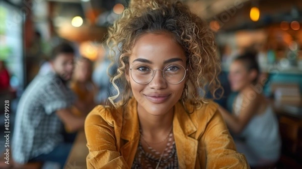 Fototapeta Woman Smiling at Cozy Café. Woman with curly hair and glasses smiling at a cozy café, creating a warm and inviting atmosphere.