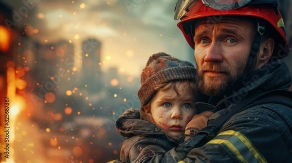Fototapeta portrait of a Caucasian rescuer in a protective suit holding a rescued child in his arms against the background of the burning ruins of city buildings. disaster. accident elimination