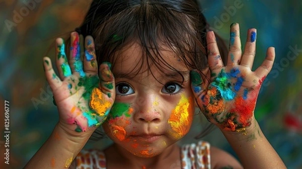 Obraz A Small Girl Playing With Colors, Her Hands And Face Covered In Vibrant Paint, Reflecting Her Creative Joy, Hd Images