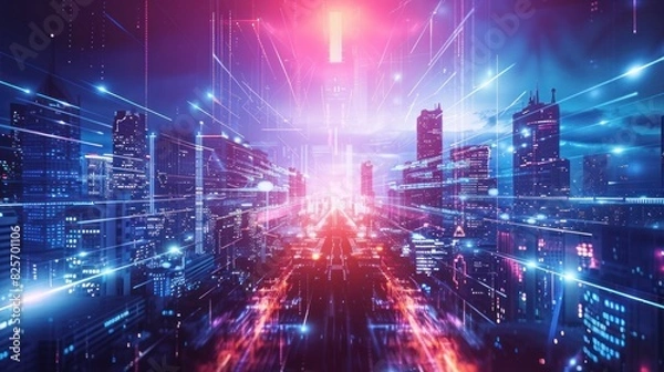 Fototapeta Panoramic urban architecture, cityscape with space and neon light effects. Modern hi-tech, science