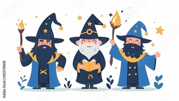 Fototapeta 3 magical enchanted wizards casting spells wearing wide brimmed pointy hat magic fire large long fluffy beard dark clothes