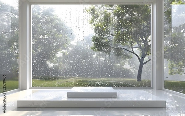 Fototapeta Clean, minimalist design with a white table positioned near a floor-to-ceiling window, rain visible outside, the room bathed in soft, diffused light, evoking tranquility and simplicity.