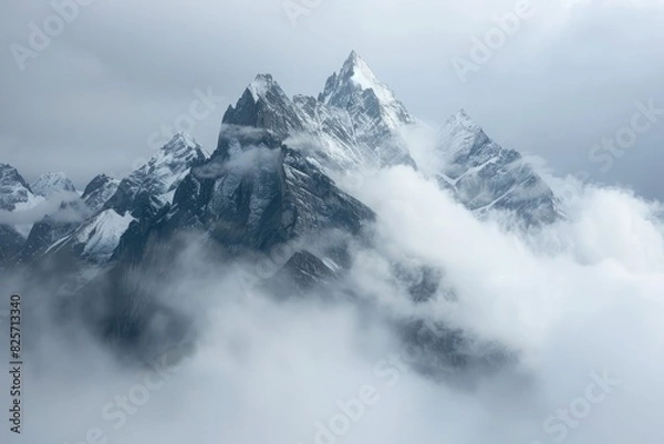 Fototapeta A majestic mountain range cloaked in mist, with snow-capped peaks piercing through the clouds, creating a breathtaking panorama that evokes a sense of awe.