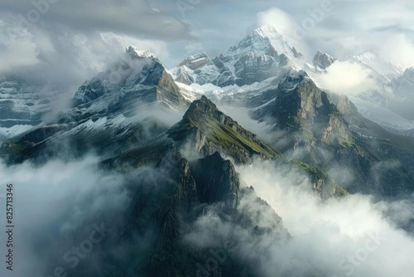 Fototapeta A majestic mountain range cloaked in mist, with snow-capped peaks piercing through the clouds, creating a breathtaking panorama that evokes a sense of awe.
