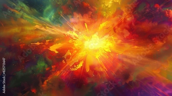 Fototapeta A luminous burst of amber shining against a neon and multi-colored canvas, blending together in a harmonious display of light and shadow.