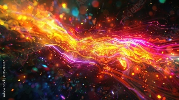 Fototapeta A luminous burst of amber brilliance harmonizing with neon glows and various colors, crafting a mesmerizing interplay of light and shadow.