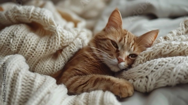 Obraz Ginger cat lies on white sweater scandi style