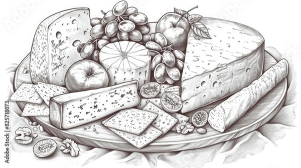 Fototapeta A finely crafted line art representation of a gourmet cheese board, featuring an assortment of cheeses, crackers, fruits, and nuts, perfect for indulgent grazing.