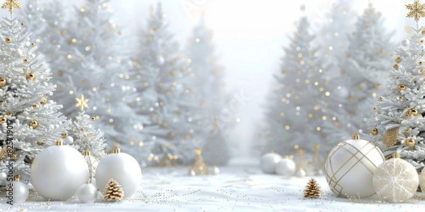 Fototapeta A white Christmas background features white trees and golden decorations, with space for holiday messages.