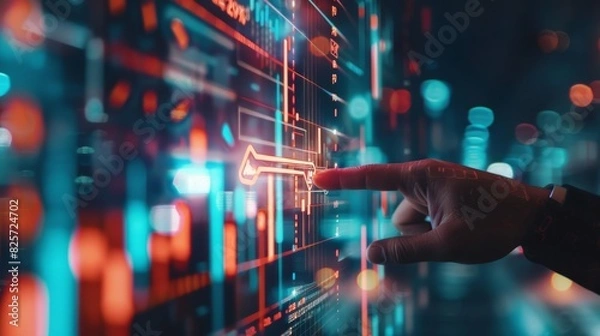 Fototapeta A closeup of a businessman pointing at a financial growth icon