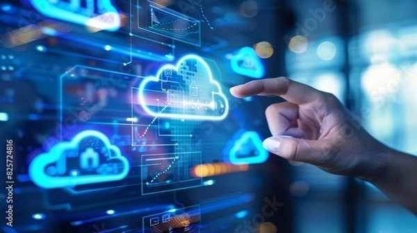 Fototapeta A closeup of a cloud computing interface on a touchscreen